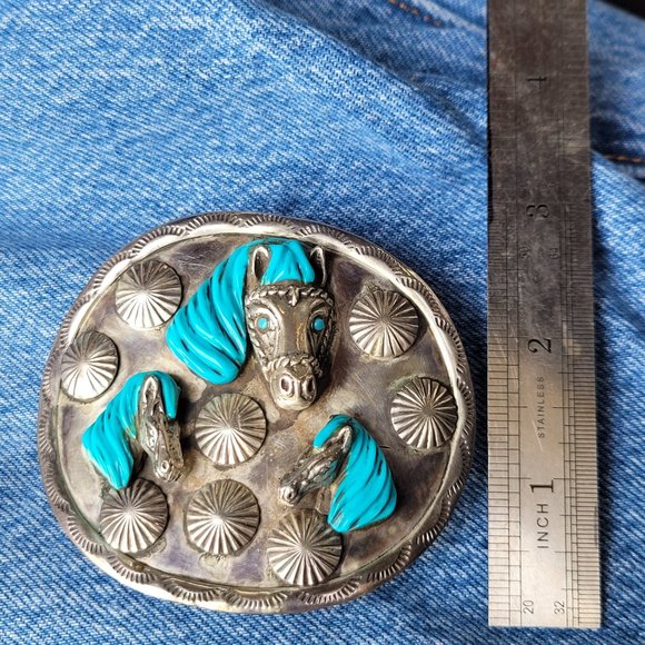 Sterling Silver and Turquoise Three Horse Head Belt Buckle - Picture 2 of 5